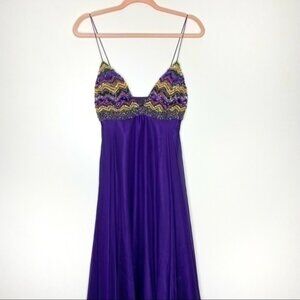 Jovani royal purple maxi prom dress with purple and yellow gem detailing EUC
